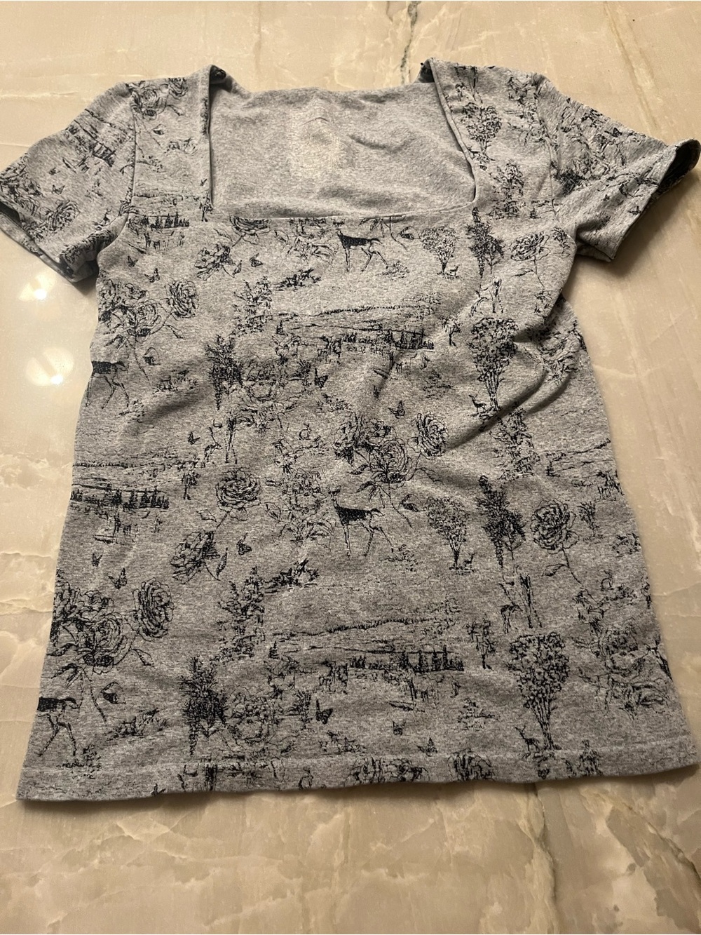 Free People Gray Short Sleeve Square Neck Floral Tee